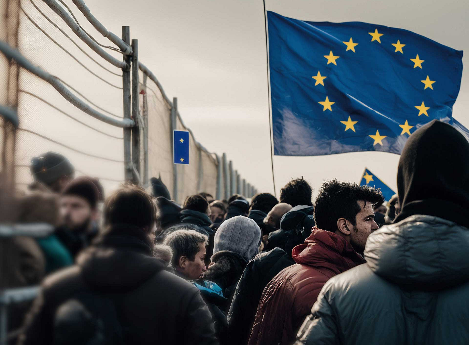 Menschen am Grenzzaun mit EU-Flagge 