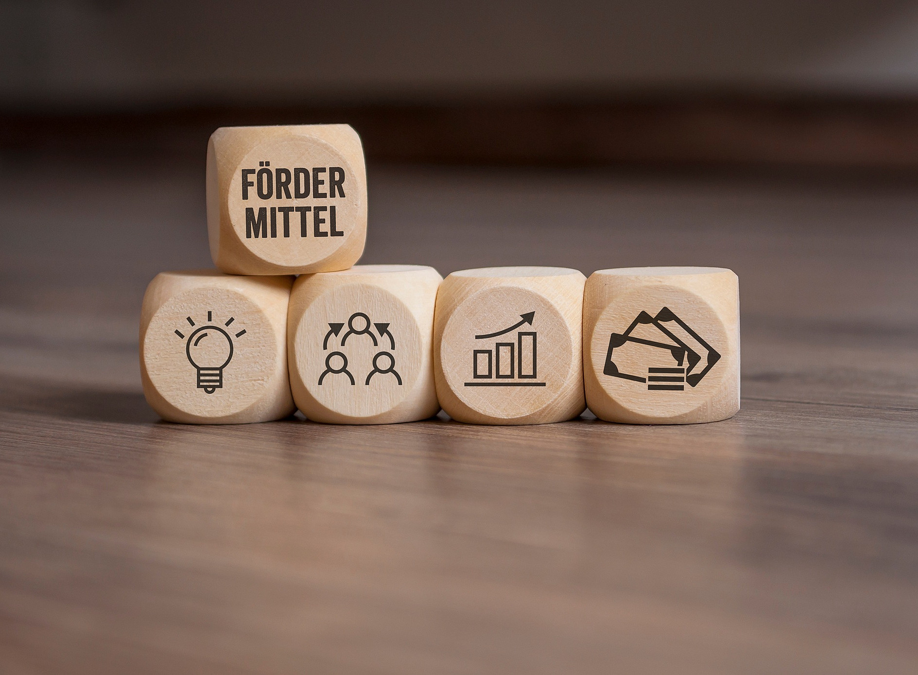 auf einem hölzernen Untergrund liegen fünf Würfel, auf deren Seiten zu sehen sind: eine Glühbirne, das Wort Fördermittel, drei Personen mit Bezugspfeilen, Geldscheine und größer werdende Balkendiagramm 