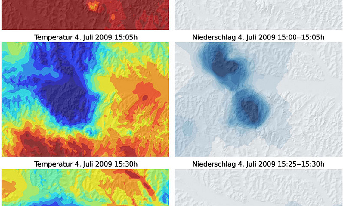 Kleinräumige Temperaturänderungen und Regenzellen während eines sommerlichen Starkregens für Abschnitte mit einer Dauer von fünf Minuten im WegenerNet-Gebiet. Das Netz ermöglicht solche Detaileinblicke mit neuer Genauigkeit und Auflösung. Dadurch w