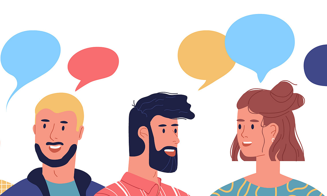 Diverse young people talking with chat bubbles