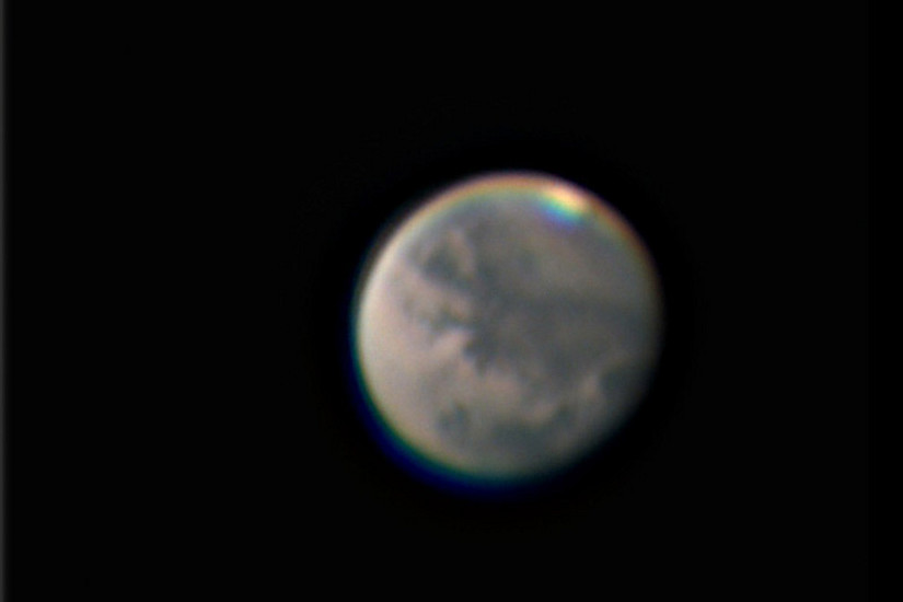 Das Bild zeigte eine aktuelle Aufnahme des Mars am 13. Sep. 2020; dabei wurden 1000 Einzelaufnahmen summiert. Die weiße Nordpolkappe ist gut erkennbar. Foto: Arnold Hanslmeier, Privatsternwarte