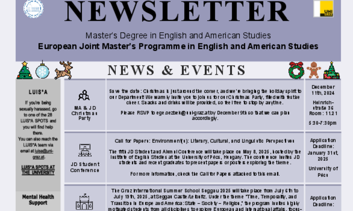 December Newsletter of the Joint Master in English and American Studies at the University of Graz