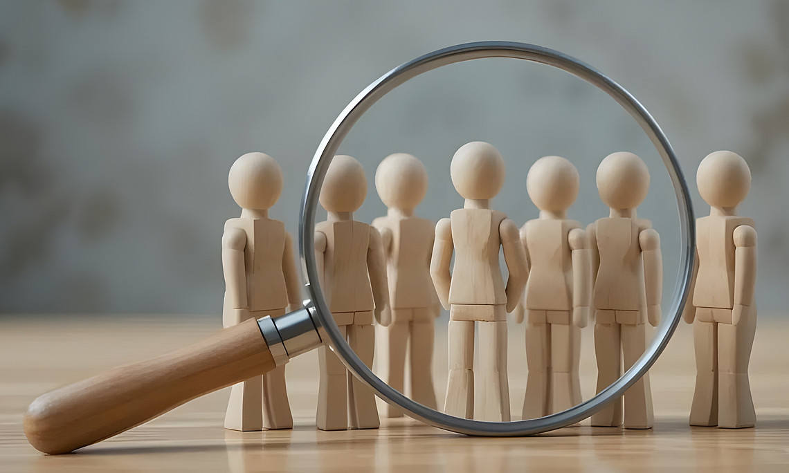 A magnifying glass is focused on wooden figures lined up in a row, implying close examination of individuals within a group or population.