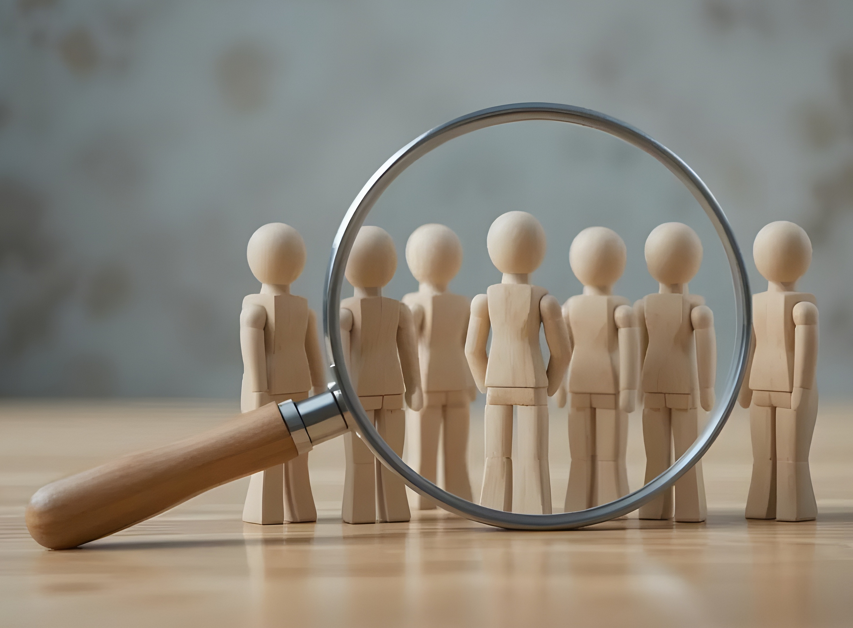 A magnifying glass is focused on wooden figures lined up in a row, implying close examination of individuals within a group or population. 