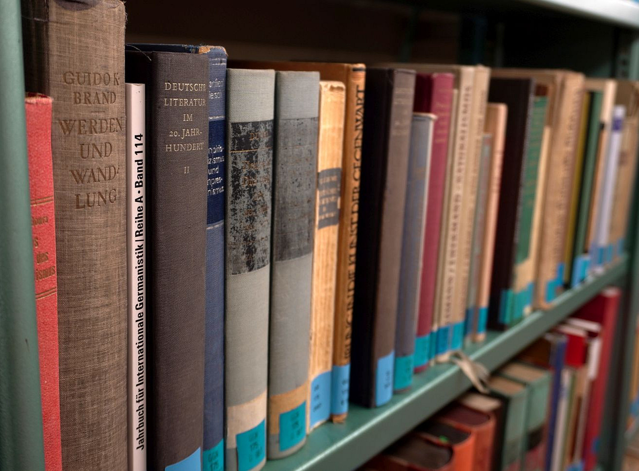 Das Bild zeigt ein Bücherregal mit Büchern. 