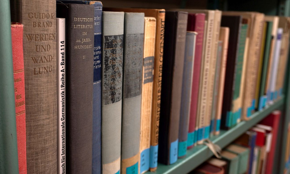 Das Bild zeigt ein Bücherregal mit Büchern.