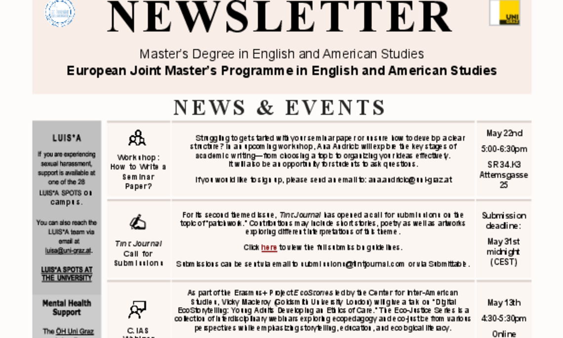 Monthly newsletter of the European Joint Masters Programme in English and American Studies at the University of Graz May 2025