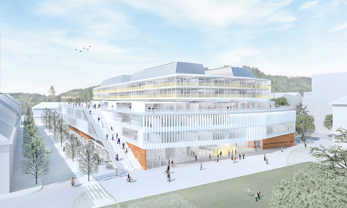 Steirische Spitzenforschung wird vereint: Die Bundesimmobiliengesellschaft baut ab 2024 bis 2030 am Areal der Vorklinik das "Graz Center of Physics". In das neue Gebäude ziehen die Physik-Institute der Universität Graz und der TU Graz ein. Rendering: Aberjung GMBH