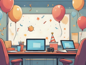 Zierbild mit Laptops, Kameras, Luftballons, Partyhüten und Luftschlangen