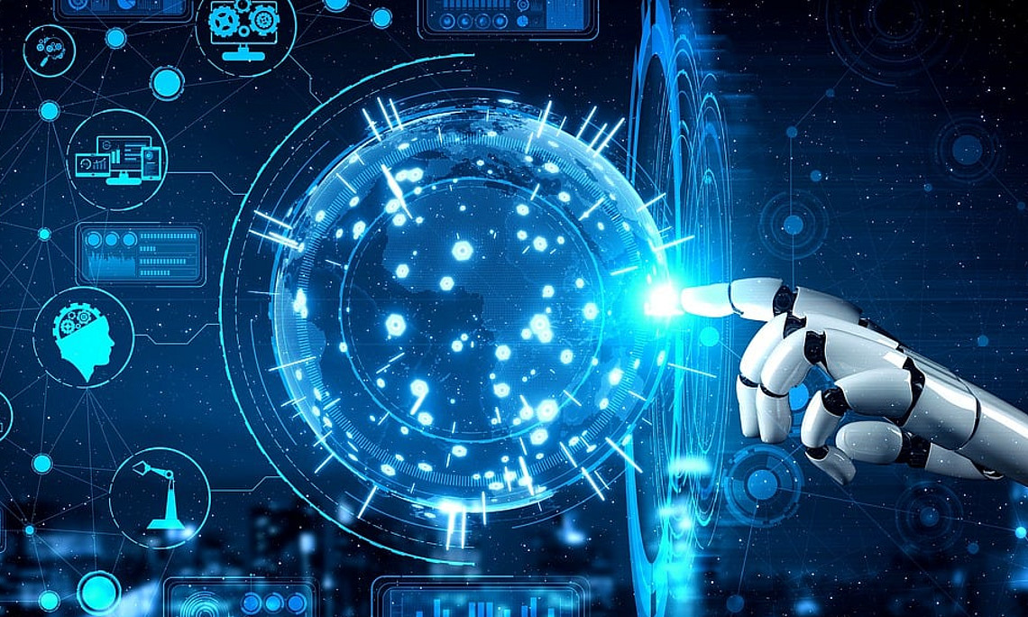 Grafik mit Roboterhand, die in eine virtuelle Kugel greift