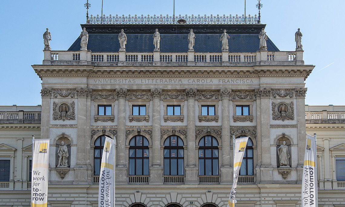 Central perspective of the main building of the University of Graz from the front.