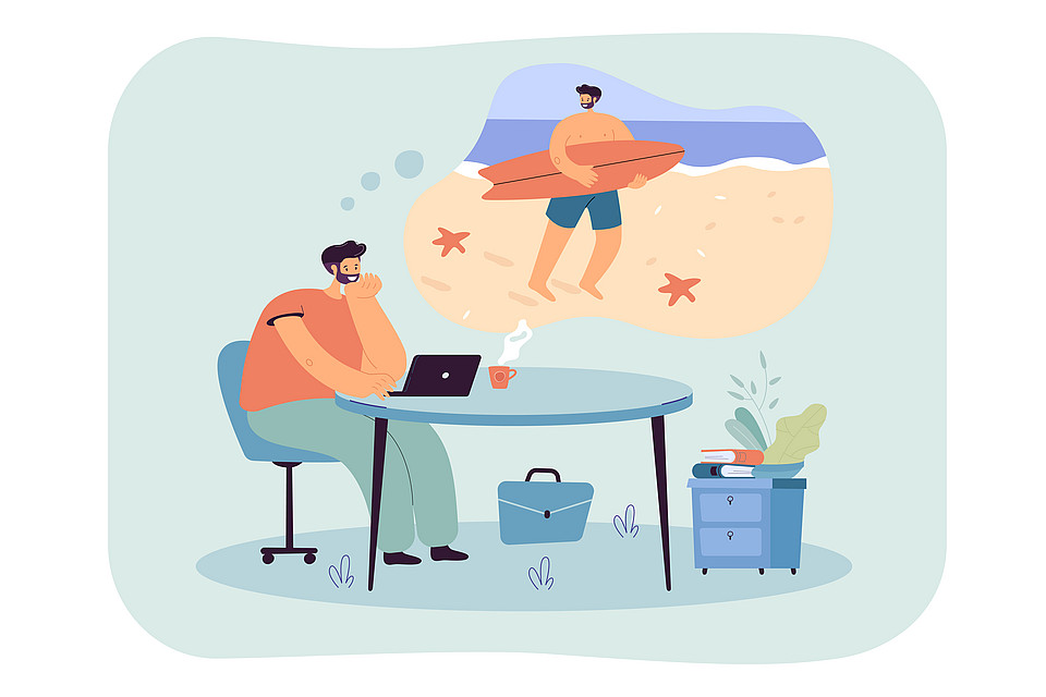 Illustration einer Person, die statt Lernen bei Hitze vom Surfen am Strand träumt