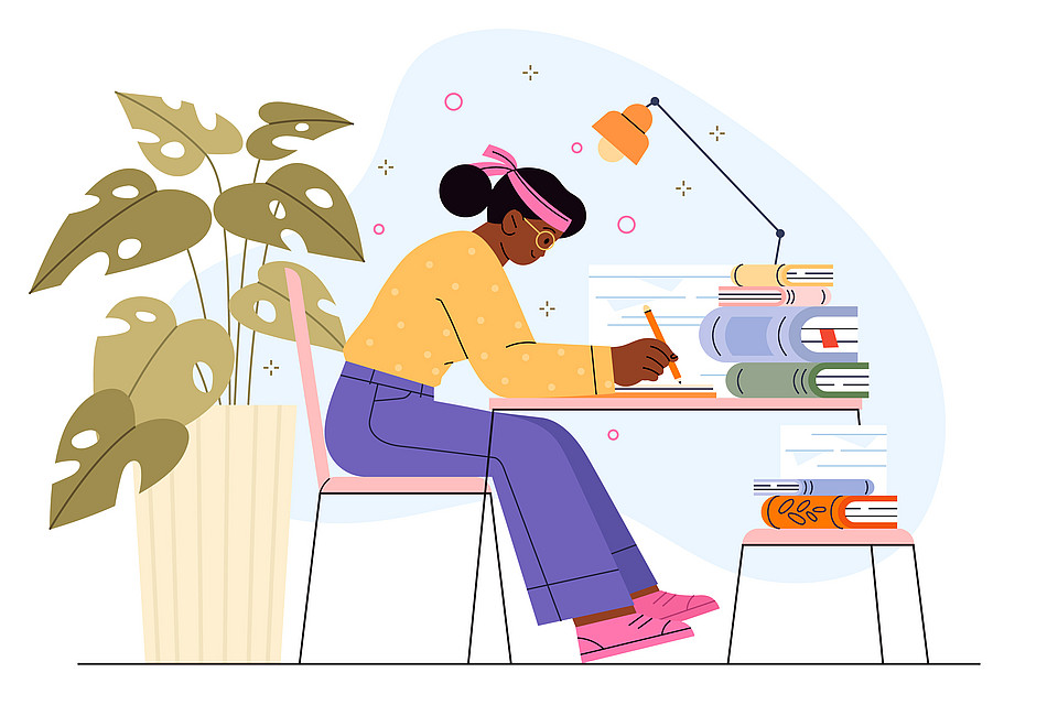 Studierende sitzt an ihrem Schreibtisch und probiert Blurting aus