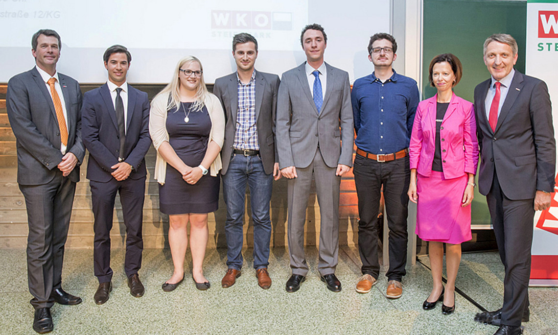 TU-Vizerektor Horst Bischof, Julian Fink, Petra Gsodam, Patrick Kratzenstein, Simon Lackner, Michael Lukesch, Barbara Haselsteiner (Forschungsmanagement und -service), Wirtschaftskammer-Präsident Josef Herk (v.l.)
