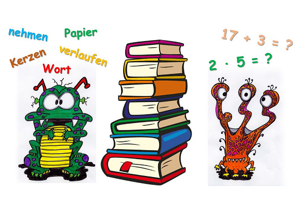 Project logo with monster and stack of books ©Deborah Karen Santarpia