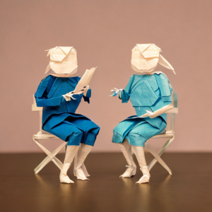 Two persons made of paper mache sitting opposite each other. 