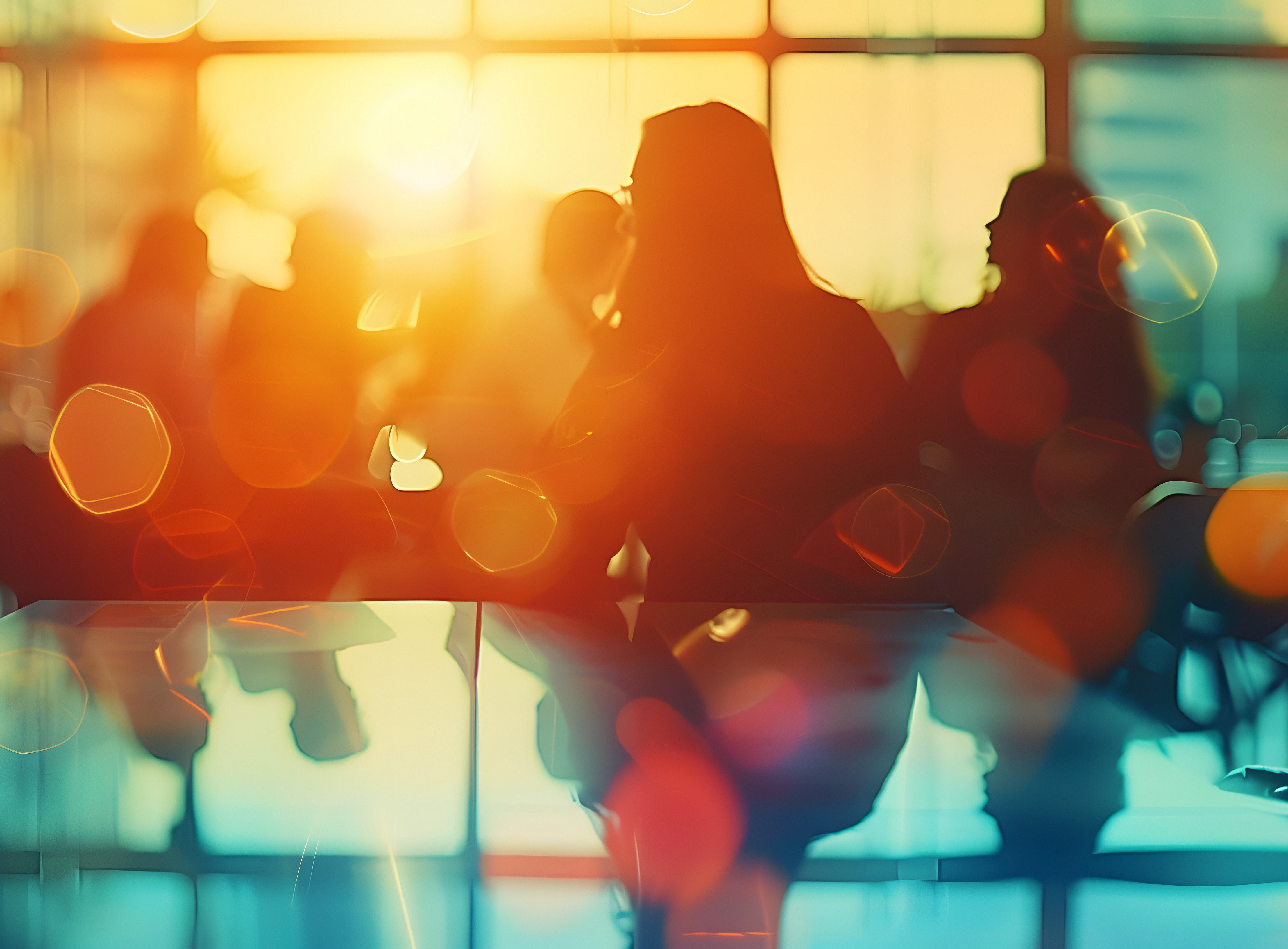 Studierende sitzen zusammen in einem Raum, die Sonne geht im Hintergrund unter. Das Bild ist leicht geblendet mit einer Vielzahl an orangenen Punkten ©horizon - stock.adobe.com