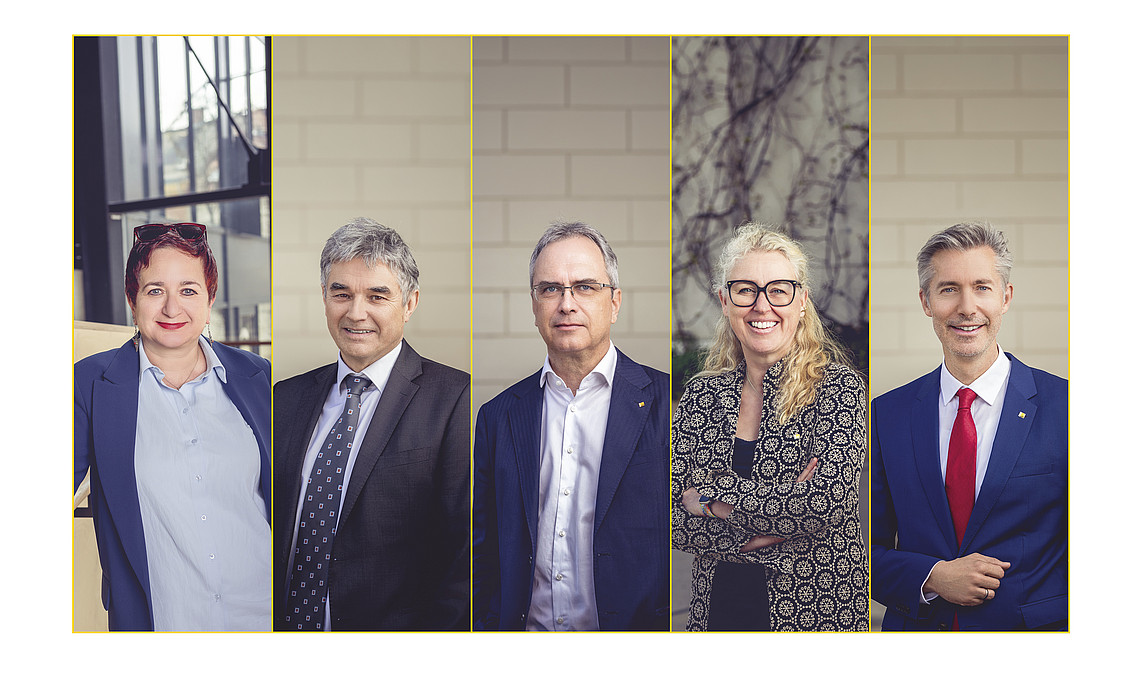 Collage der Rektoratsmitglieder Şebnem Bahadır-Berzig, Joachim Reidl, Peter Riedler, Catherine Walter-Laager, Markus Fallenböck