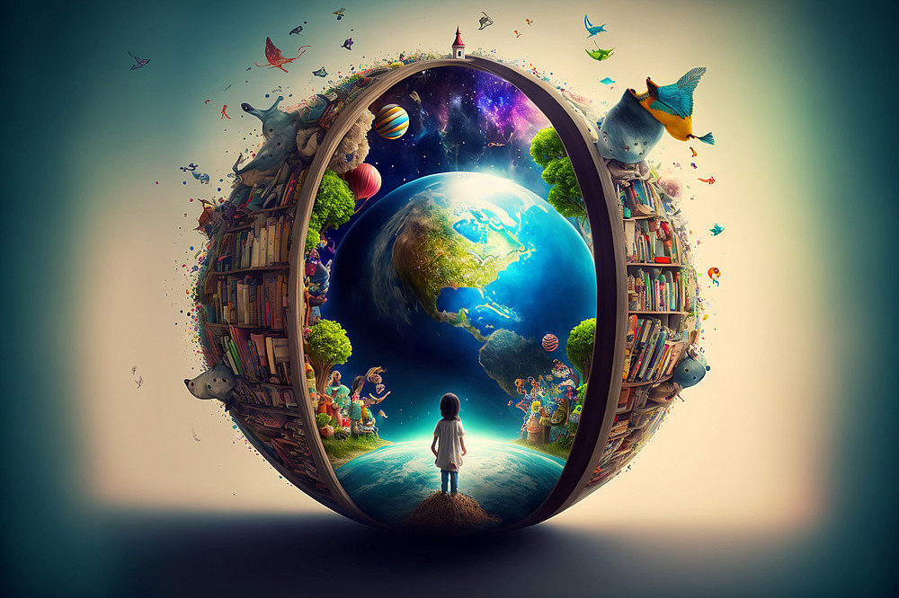 Weltkugel mit Büchern ©Adobe Stock, KI-generiert