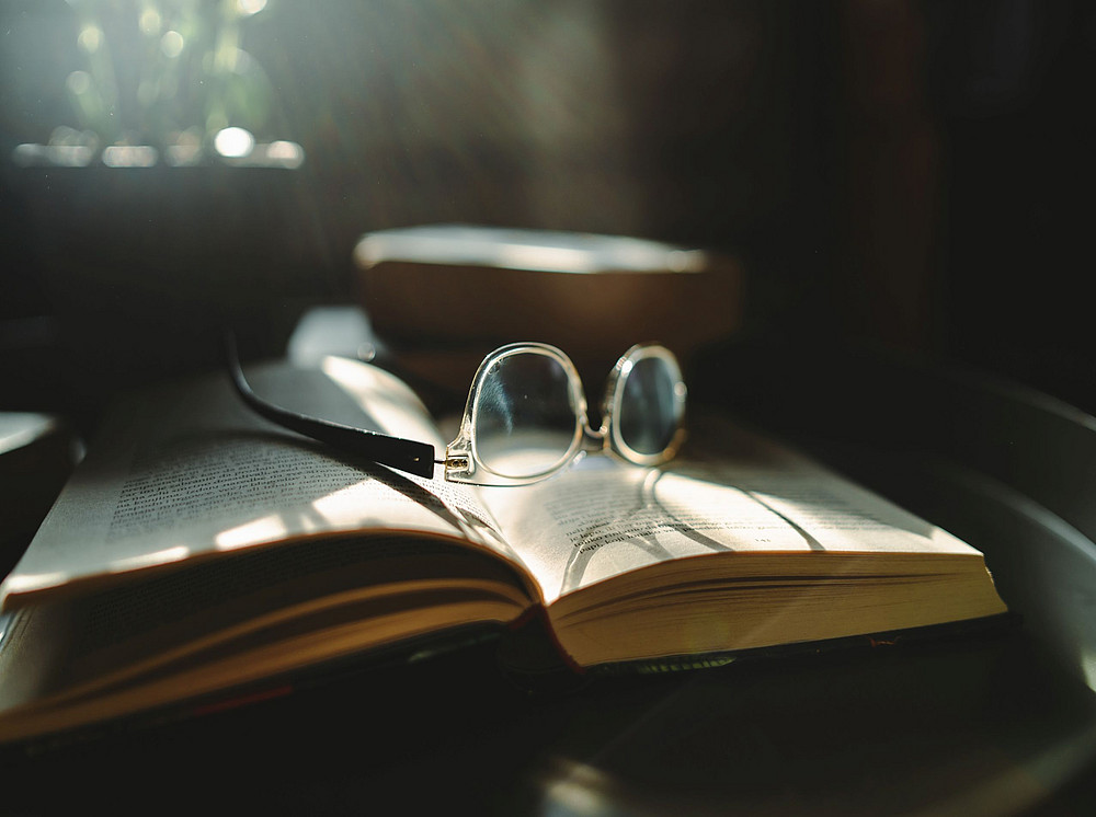 A pair of glasses lies on an open book and symbolizes publications from the department ©Dusa Dinic - stock.adobe.com