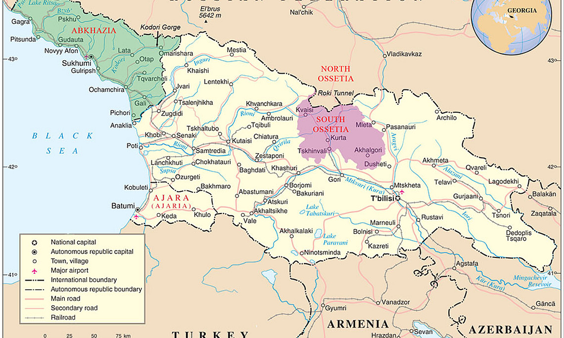 Georgien mit Abchasien, Adscharien und Südossetien. Quelle: Wikimedia Commons, public domain