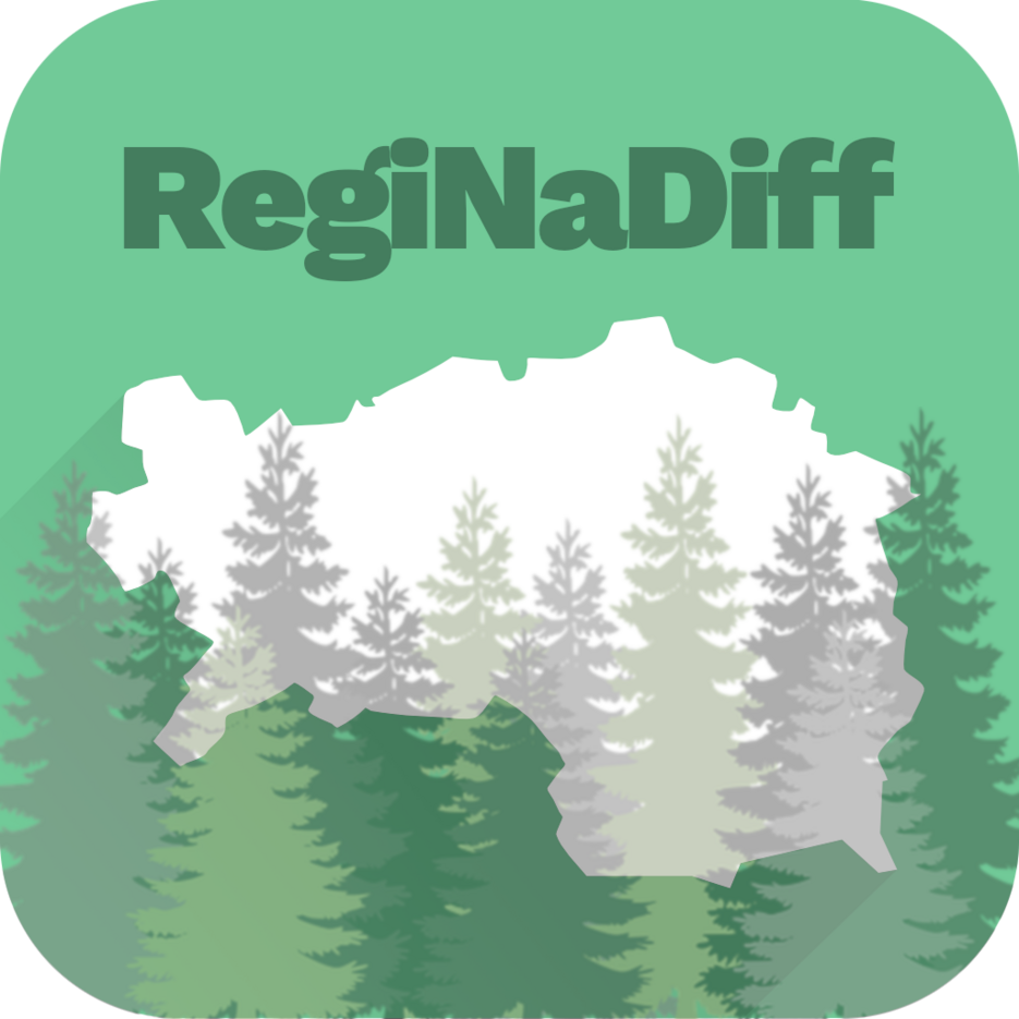 Logo RegiNaDiff Umrisse Landkarte Steirmark mit grünen Bäumen ©Copyright Projekt RegiNaDiff