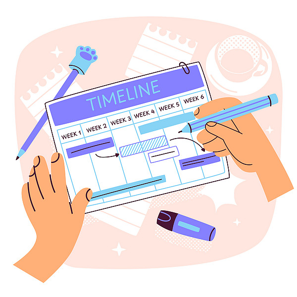 Vektorgrafik eines Kalenders mit Timeline, mithilfe dessen eine Person gerade plant (dektorativer Zweck)