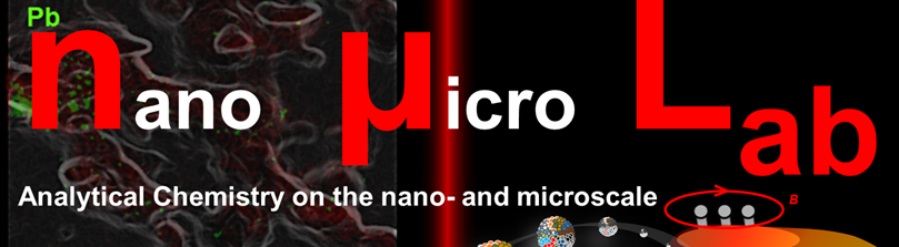 Schriftzug von Nano Micro LAB mit schematischer Darstellung von Laser Ablation und Prozessen im Plasma auf schwarzem Hintergrund ©von D.Clases