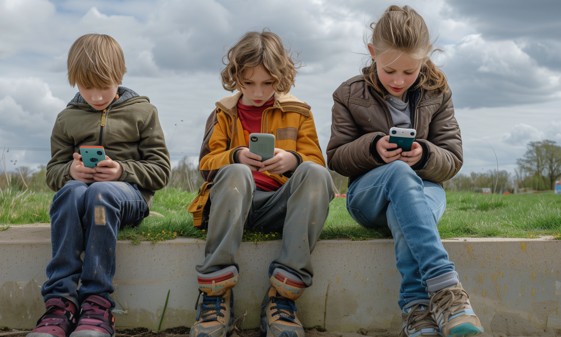 Kinder sitzen auf einer Stufe und spielen mit dem Smartphone