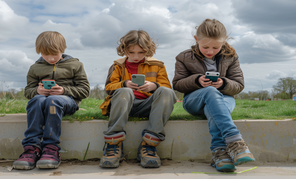 Kinder sitzen auf einer Stufe und spielen mit dem Smartphone
