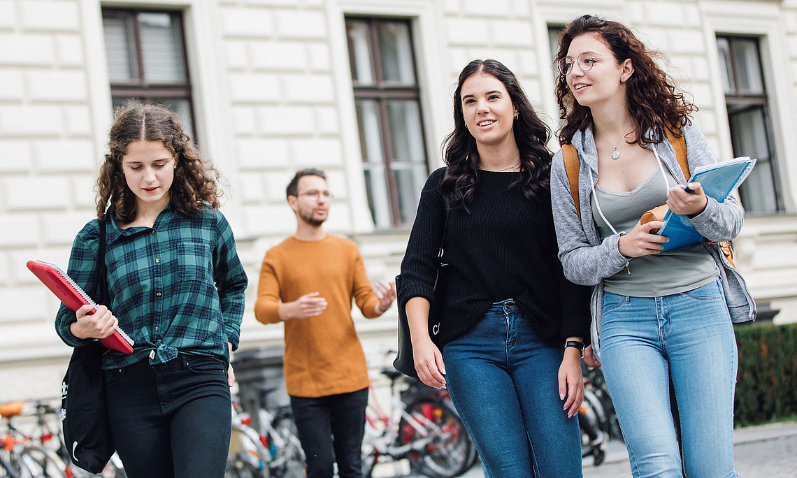 Fuenf fröhliche Studierende im Gehen