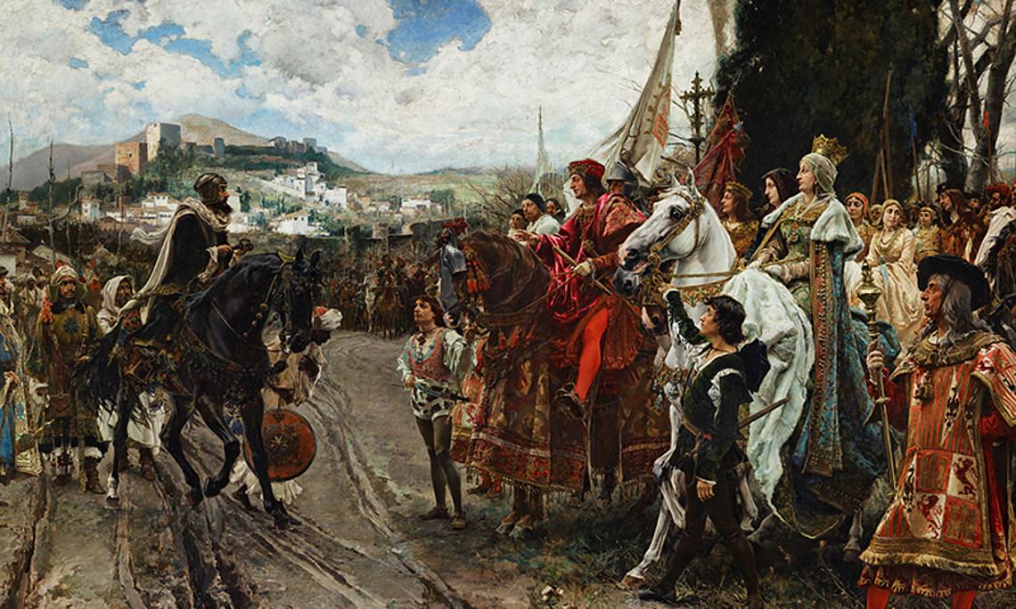 Der letzte muslimische Stützpunkt fällt 1492 mit der Stadt Granada - mit weitreichenden Folgen für MuslimInnen bzw. Juden und Jüdinnen in Europa. Dargestellt ist hier die Kapitulation von Muhammad XII. vor Isabella I. von Kastilien und Ferdinand II. von Aragón. 