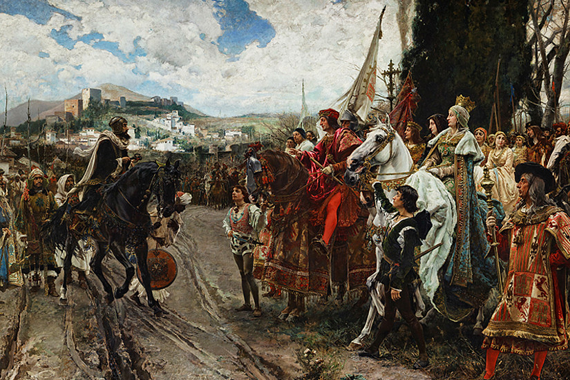 Der letzte muslimische Stützpunkt fällt 1492 mit der Stadt Granada - mit weitreichenden Folgen für MuslimInnen bzw. Juden und Jüdinnen in Europa. Dargestellt ist hier die Kapitulation von Muhammad XII. vor Isabella I. von Kastilien und Ferdinand II. von Aragón. 