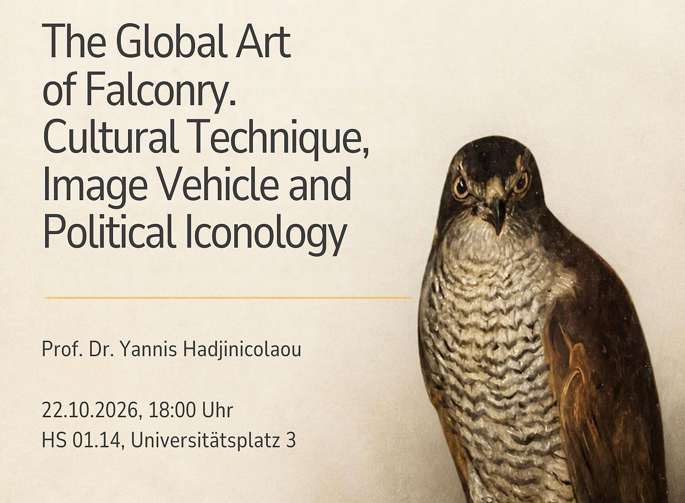 Poster mit Titel, Ort und Uhrzeit und ein Falke 