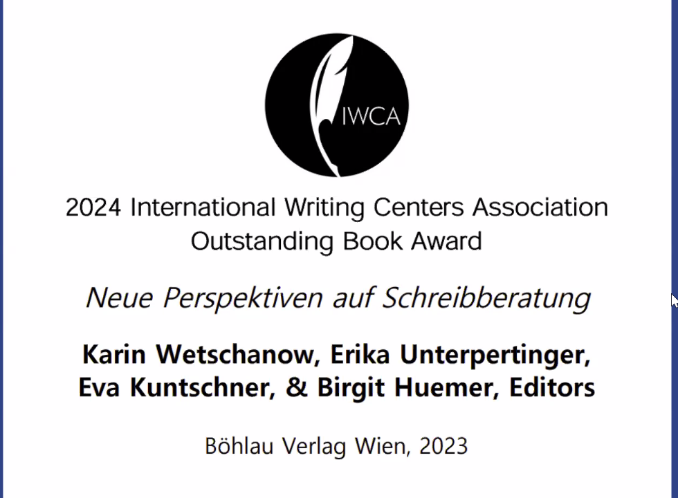 Es zeigt das Symbol einer Feder, das Zeichen für den IWCA Buchpreis. 