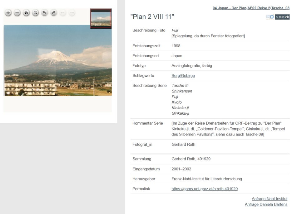 Viewer-Ansicht mit Metadaten: Fuji in Japan (© Gerhard Roth) 