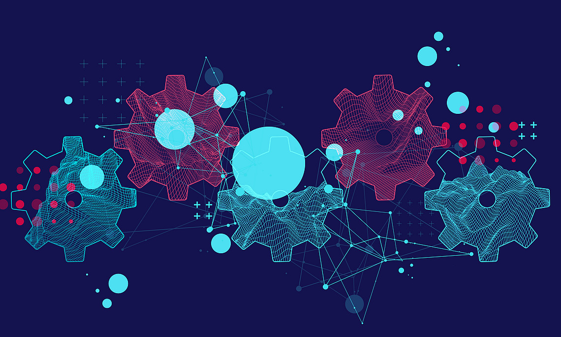 Modern science or technology abstract background using cogwheel. Wireframe spot surface illustration. Vector.