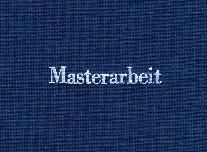 Deckblatt einer gebundenen Masterarbeit, weißer Schriftzug Masterarbeit auf blauem Hintergrund 