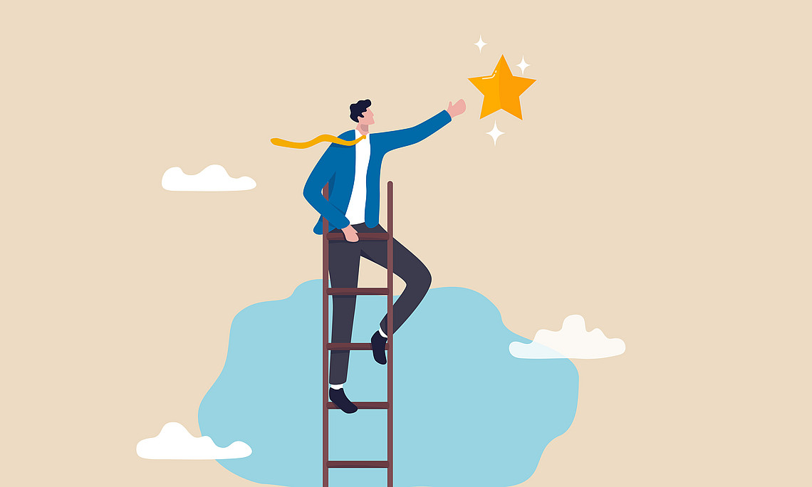 Success ladder to reach goal, achievement or opportunity, climb up ladder to get new hope, accomplishment or career development concept, businessman climb up ladder of success to reach star target.