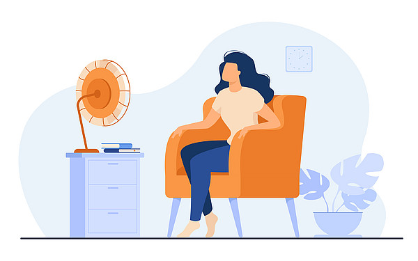 Illustration einer Person, die sich bei Hitze mit einem Ventilator abkühlt