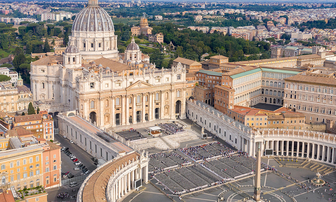 A bird's eye view of St Peter's Basilica and Square