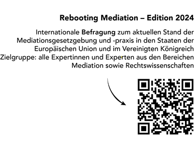 Reeboting Mediation - Edition 2024: Befragung zum aktuellen Stand der europäischen Union und im Vereinigten Königreich. Zielgruppe: alle Expert:innen aus den Bereichen Mediation und Rechtswissenschaften, QR-Code zur Befragung ©Appropriate Dispute Resolution & Mediation, Uni Graz