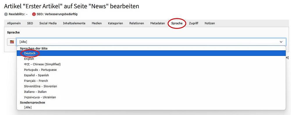 Sprache Deutsch auswählen