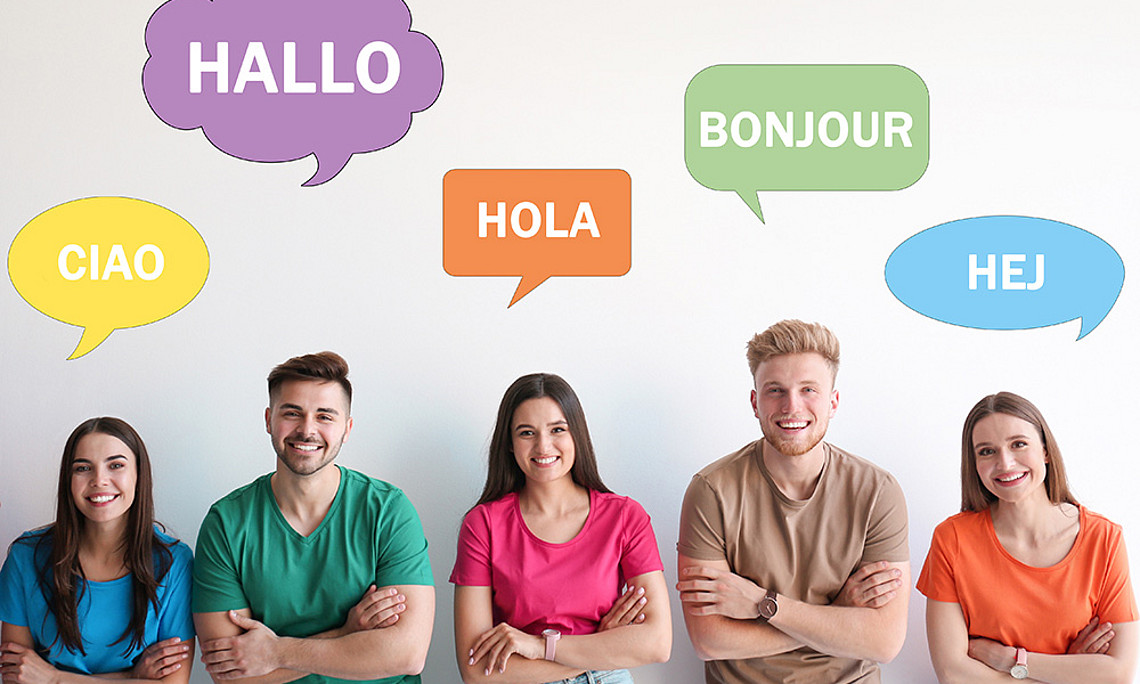 Students with speech bubbles that say "Hello" in several languages