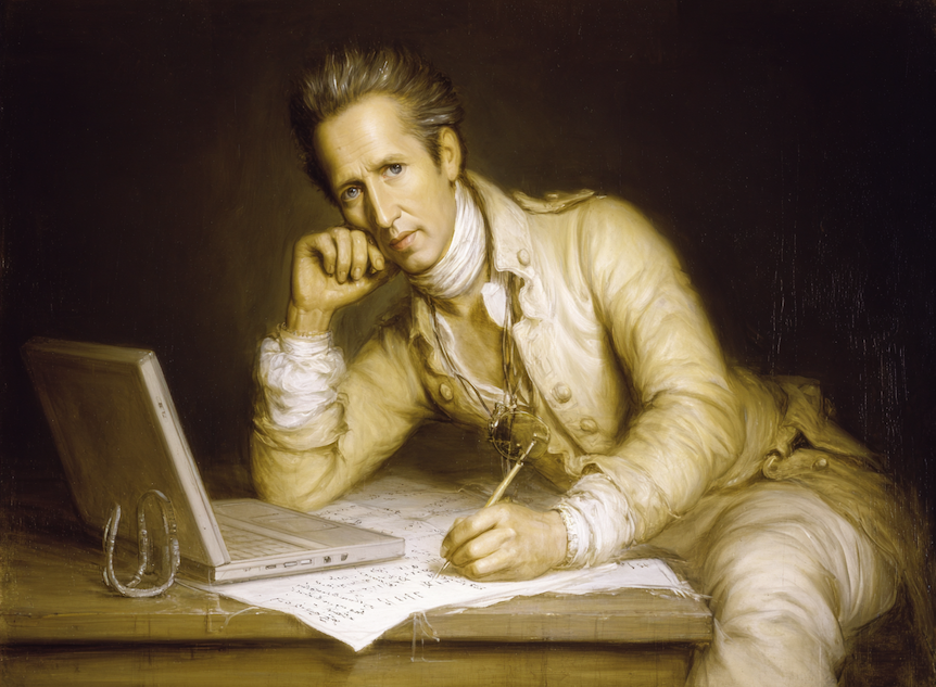 Ein Mann auf einem Ölportrait schreibt einen Text 