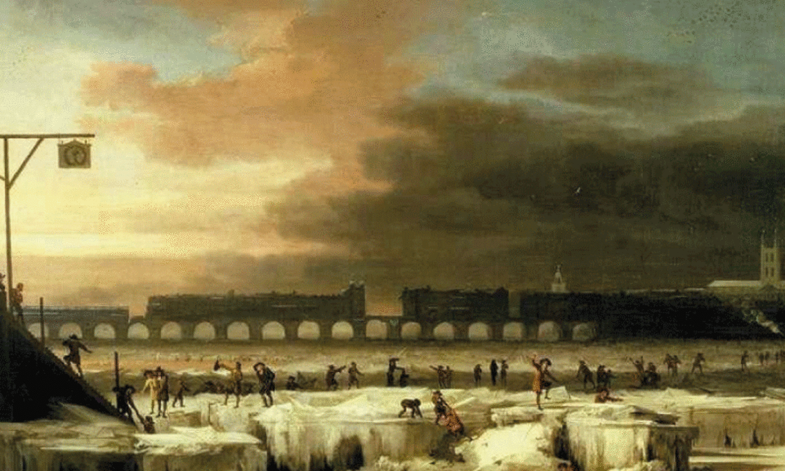 The Frozen Thames, looking Eastwards towards Old London Bridge", von Abraham Hondius, 1677