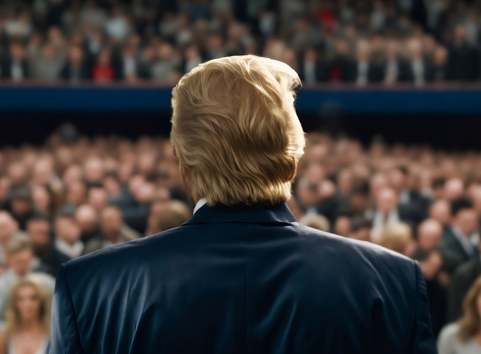 Donald Trump von hinten, stehend vor einer Menschenmenge ©Gaston - stock.adobe.com; KI-generiert 