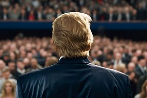 Donald Trump from behind, standing in front of a crowd