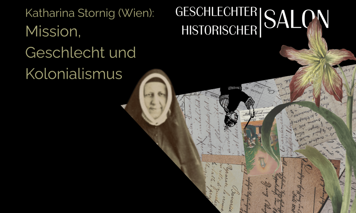 Collage mit kolonialen Motiven auf dunklem Hintergrund und der Titel der Veranstaltung