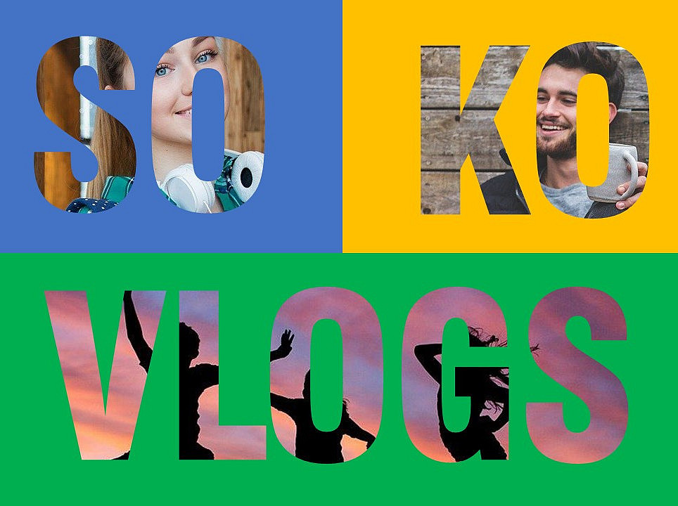 Grün, gelb und blaues Titelbild der SoKo-Vlogs 